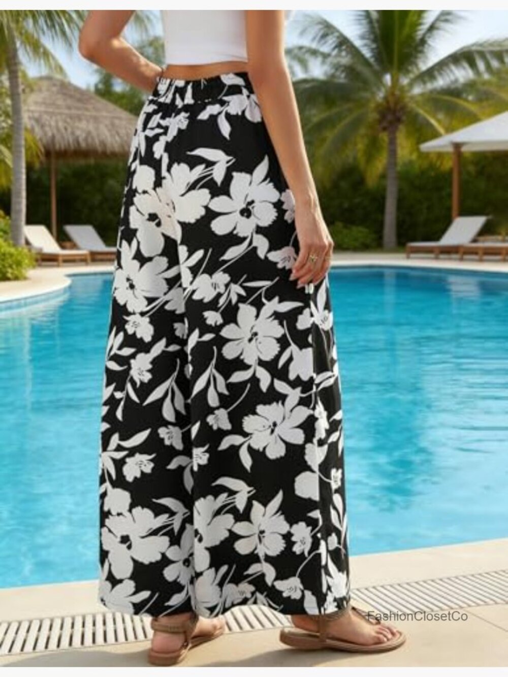 Womens Palazzo Pants Boho Floral Wide Leg Pants High Waist with Pockets - Picture 3 of 7